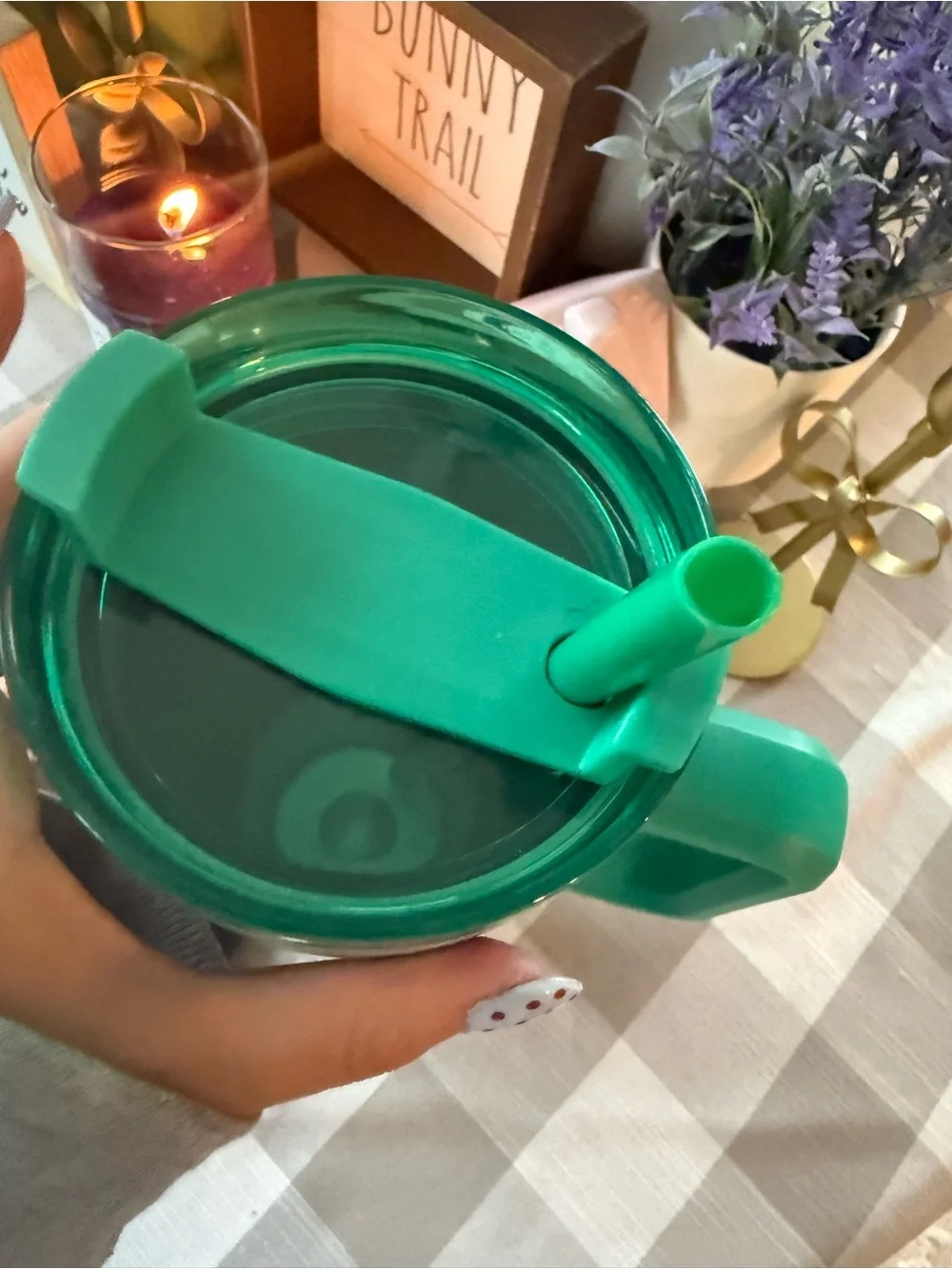 Green Checkerboard Travel Mug with Handle